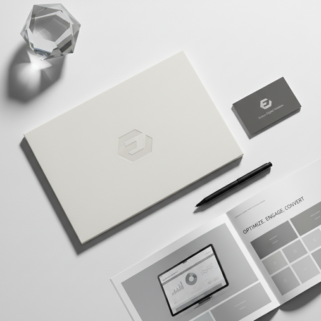 A set of crisp, branded marketing collateral arranged on a clean white surface, including an embossed folder, business card with subtle silver foiling, and a glossy brochure partially opened to a section showing a digital campaign mockup. Everything is accompanied by a slender black pen with a satin finish. The environment is spare, with only a geometric acrylic paperweight in the background, suggesting a refined office space. Cool, overhead studio lighting creates gentle shadows and brings out the sharp lines and textures of each item, emphasizing professionalism. The shot is top-down, using a balanced, symmetrical composition to draw the eye across all elements. The image is rendered with photographic clarity and a minimalist, contemporary style, underlining the candidate's attention to branding detail.